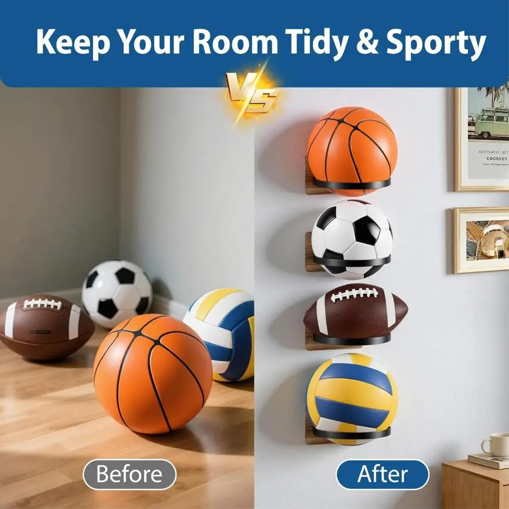 Wooden Base Basketball Holder Space Saving Universal Football Wall Mount Multi-functional Display Rack Home Decor