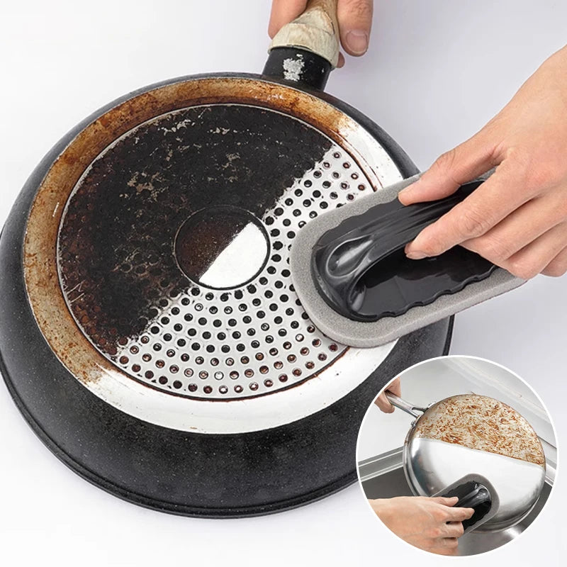 Meet Your New Cleaning Superhero, Magic Emery Sponge Brush Wipe Eraser Cleaner Kitchen Bath Rust Strong Decontamination Cleaning Tools With Handle Household Tools