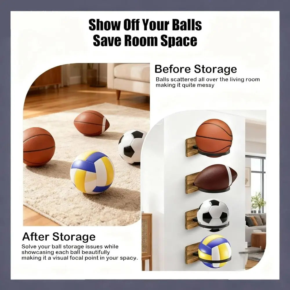 Wooden Base Basketball Holder Space Saving Universal Football Wall Mount Multi-functional Display Rack Home Decor